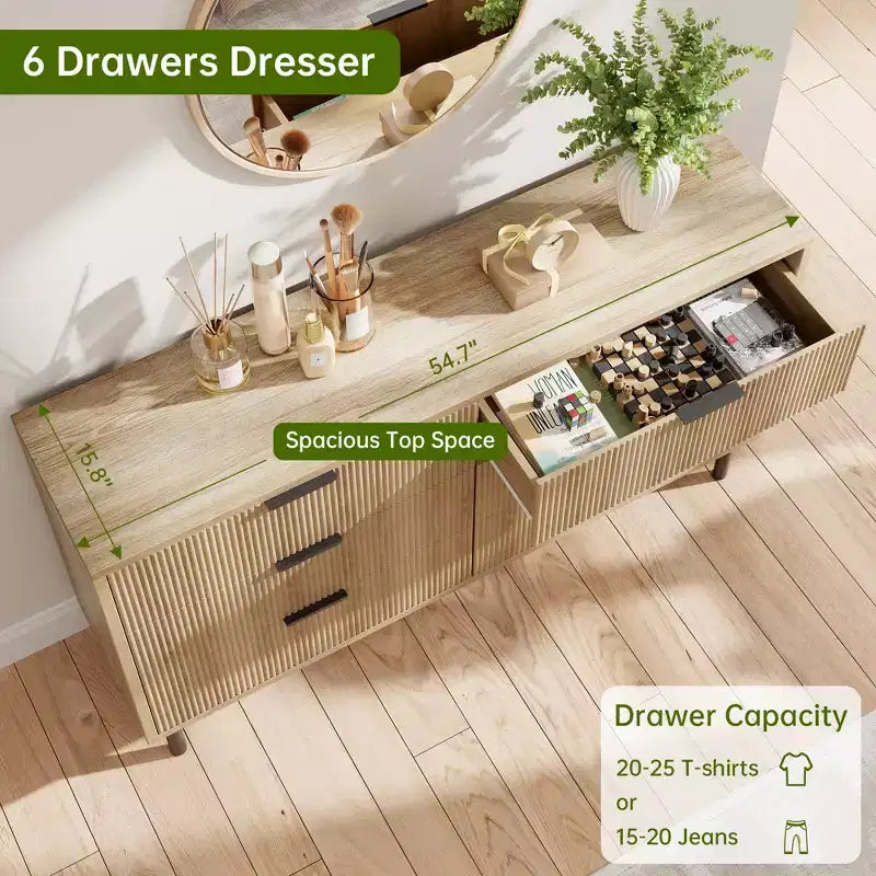 Commode cannelée ondulée 5 tiroirs pour chambre, commode moderne en bois à larges tiroirs, commode de chambre de bébé en bois avec pieds métalliques pour couloir, entrée