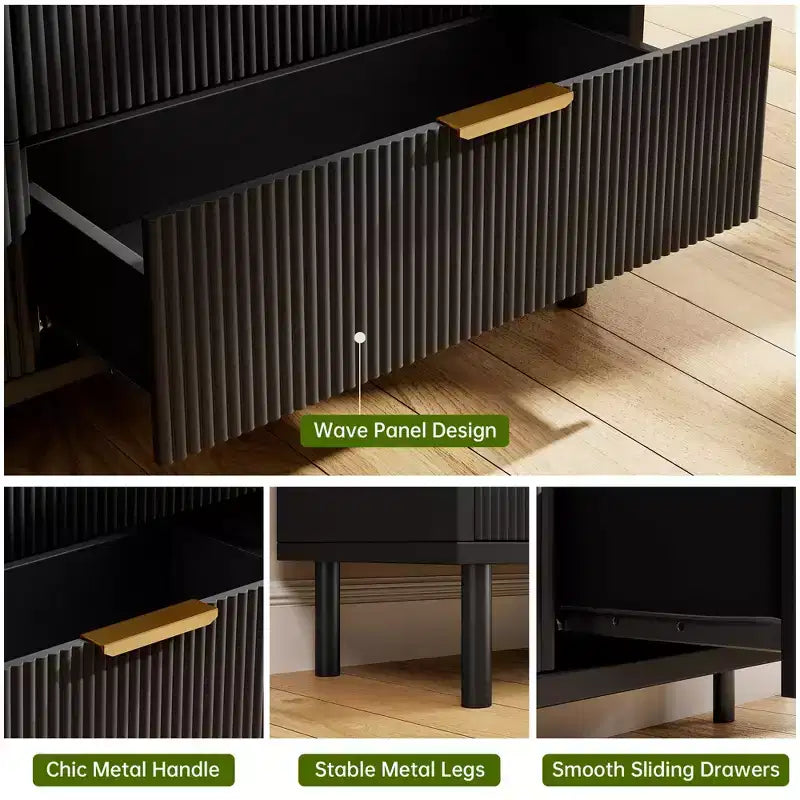 Commode cannelée ondulée 5 tiroirs pour chambre, commode moderne en bois à larges tiroirs, commode de chambre de bébé en bois avec pieds métalliques pour couloir, entrée