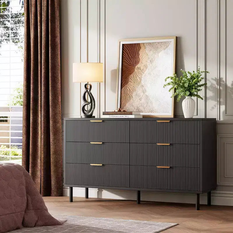 Commode cannelée ondulée 5 tiroirs pour chambre, commode moderne en bois à larges tiroirs, commode de chambre de bébé en bois avec pieds métalliques pour couloir, entrée