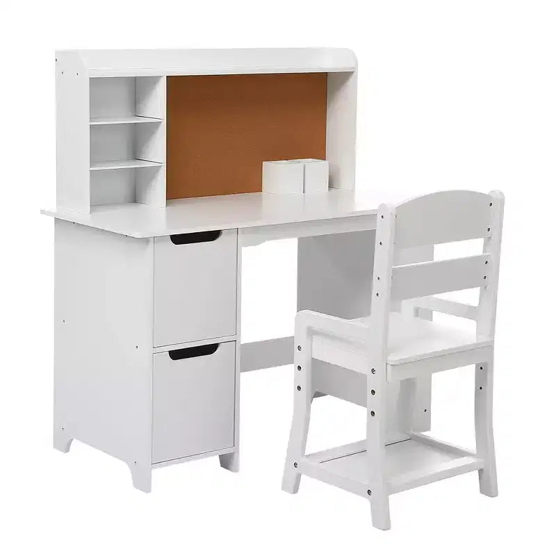 Ensemble bureau et chaise blanc avec bibliothèque, tableau d'affichage et armoires - Idéal pour garçons et filles de 3 à 8 ans
