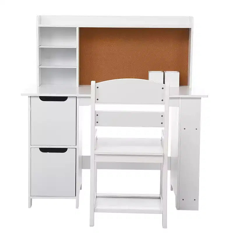 Ensemble bureau et chaise blanc avec bibliothèque, tableau d'affichage et armoires - Idéal pour garçons et filles de 3 à 8 ans
