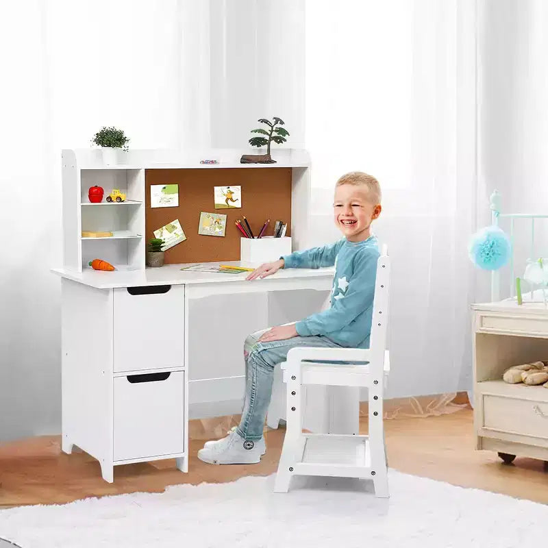 Ensemble bureau et chaise blanc avec bibliothèque, tableau d'affichage et armoires - Idéal pour garçons et filles de 3 à 8 ans
