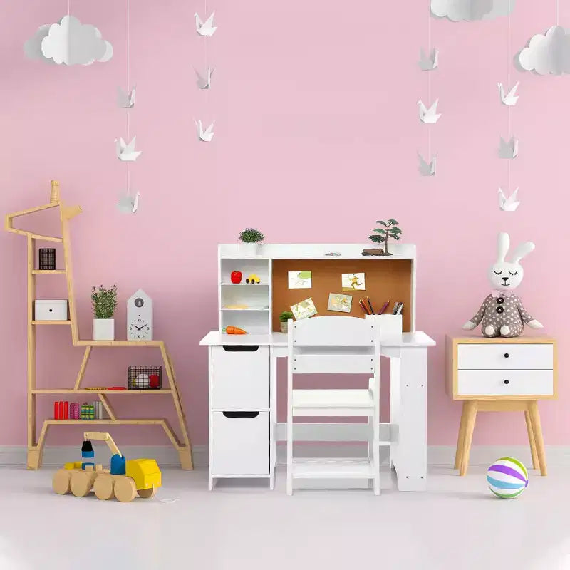 Ensemble bureau et chaise blanc avec bibliothèque, tableau d'affichage et armoires - Idéal pour garçons et filles de 3 à 8 ans