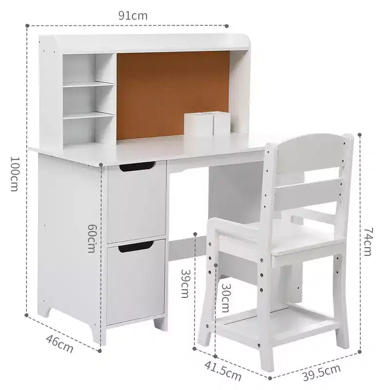 Ensemble bureau et chaise blanc avec bibliothèque, tableau d'affichage et armoires - Idéal pour garçons et filles de 3 à 8 ans