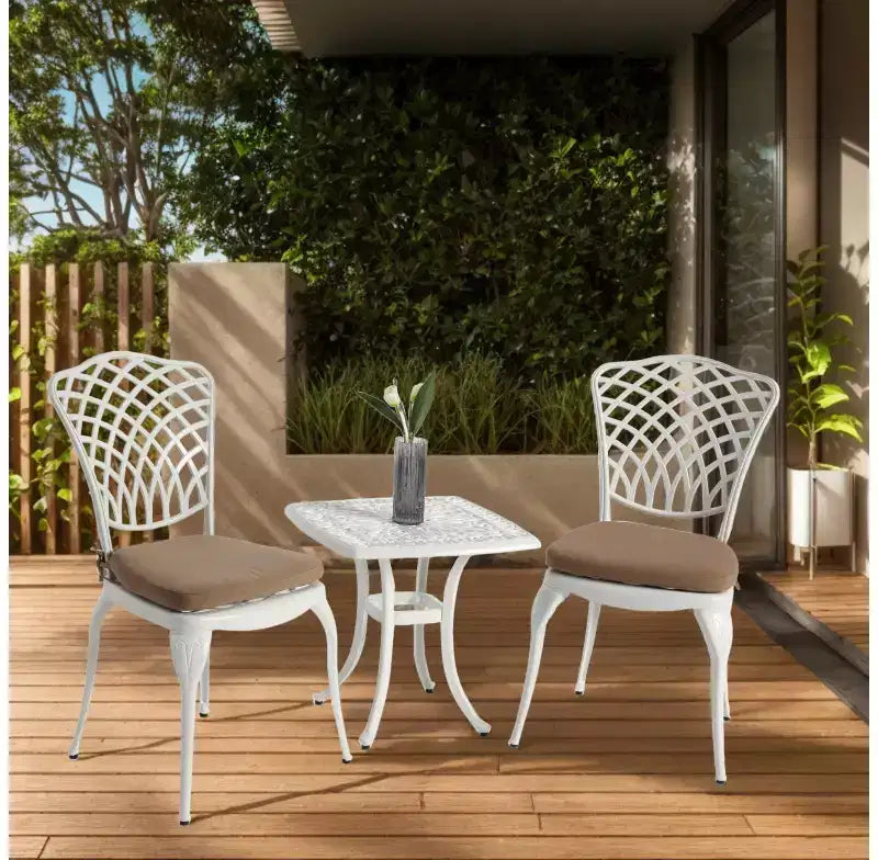 Whisen Ensemble de 3 Meubles de Patio Anti-Rouille et d'Extérieur en Aluminium avec 1 Table Ronde et 2 Chaises avec Coussins Moelleux