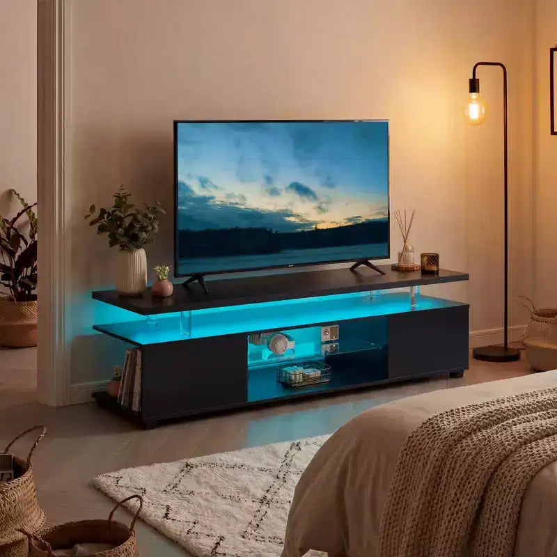 JVNOXK meuble TV pour téléviseur 60 pouces LED gaming centre de divertissement console de rangement multimédia avec grande armoire latérale pour salon (noir)
