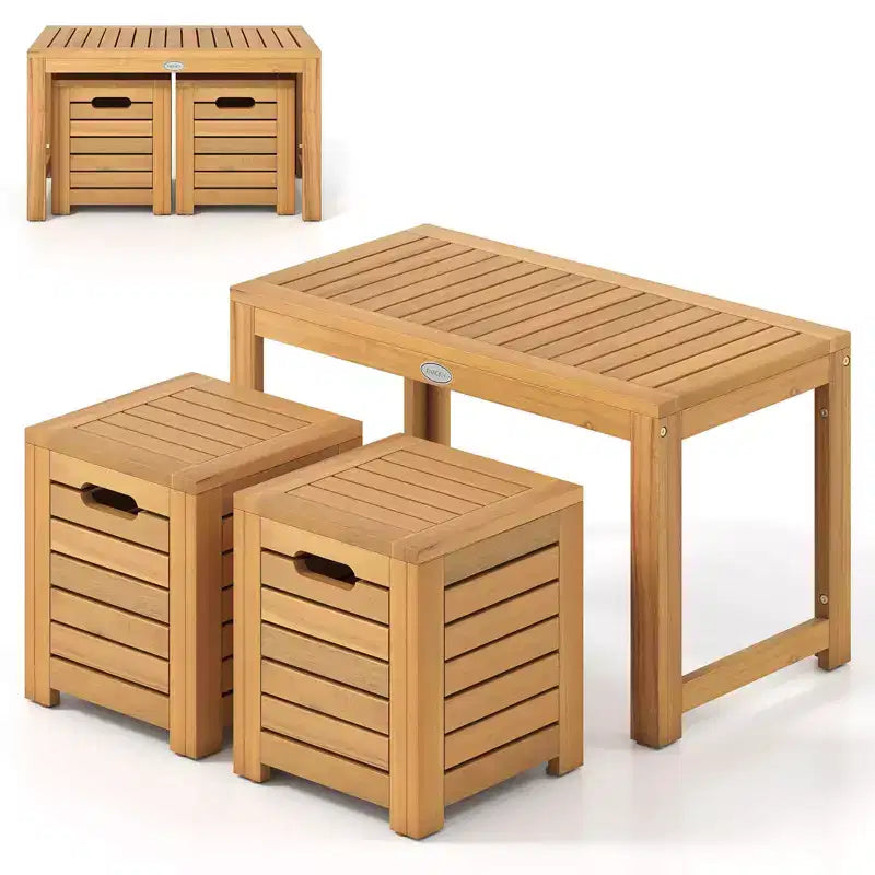 Ensemble de 3 tables et tabourets de terrasse rectangulaires Costway avec espace de rangement caché pour balcon