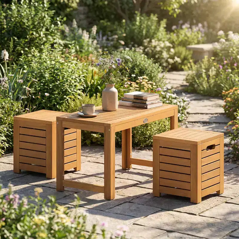 Ensemble de 3 tables et tabourets de terrasse rectangulaires Costway avec espace de rangement caché pour balcon