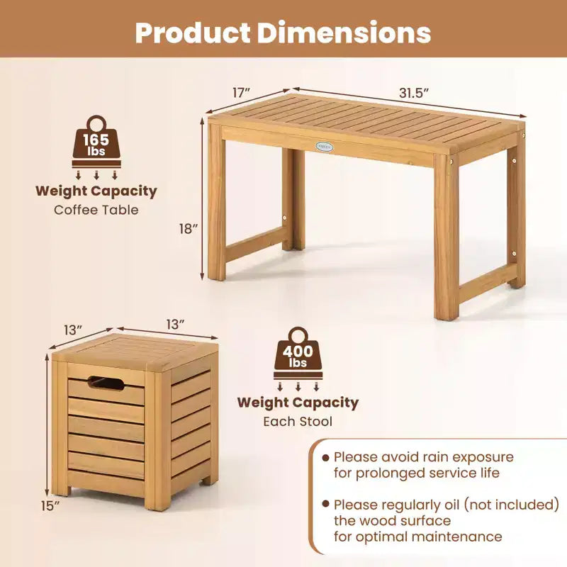 Ensemble de 3 tables et tabourets de terrasse rectangulaires Costway avec espace de rangement caché pour balcon