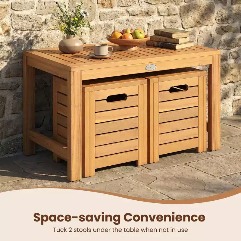 Ensemble de 3 tables et tabourets de terrasse rectangulaires Costway avec espace de rangement caché pour balcon