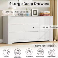 Commode à 9 tiroirs pour chambre à coucher, commode en bois de 150 cm de large avec plateau spacieux, grande commode, meuble TV, organisateur de rangement pour vêtements pour salon