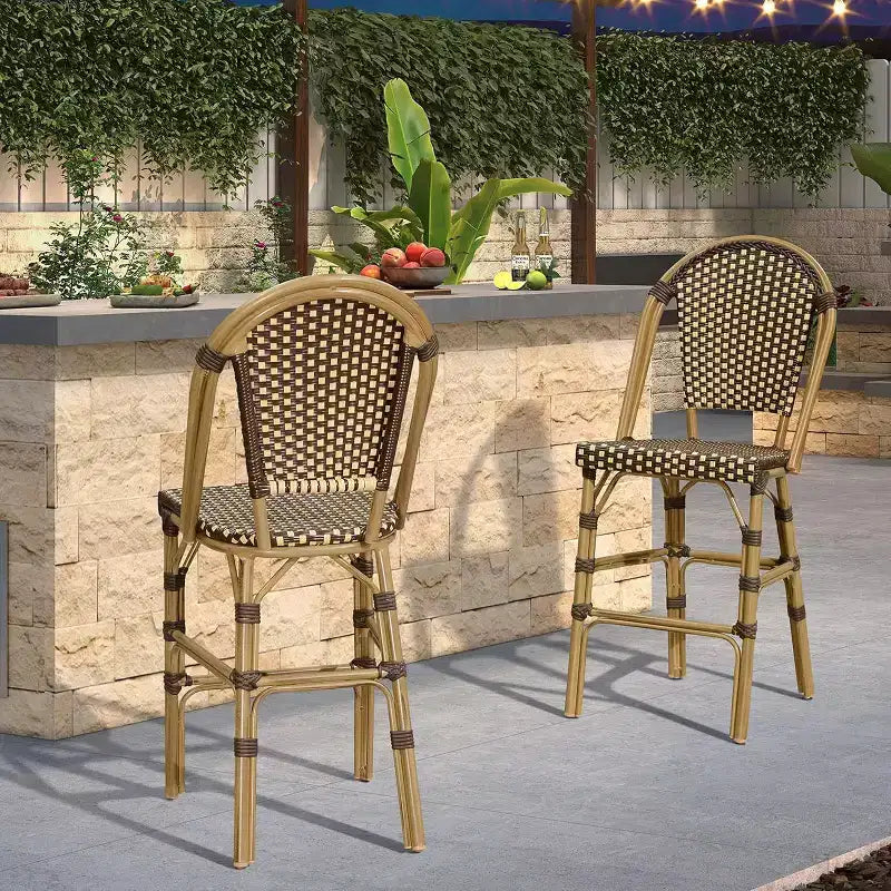 PURPLE LEAF French Bar Stool Set of 2 Patio Bar Stools with Back Rattan Chairs Wicker Bar Stool with Footrest Kitchen Island Stools Outdoor Barstool