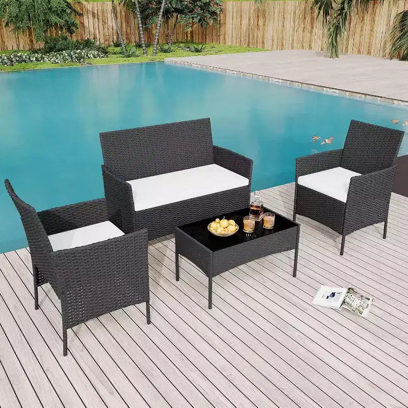 4 Pieces Patio Furniture Set, Rattan Outdoor Furniture with Upholstered Sofa, 2 Chairs and Coffee Table, Conversation Bistro Set