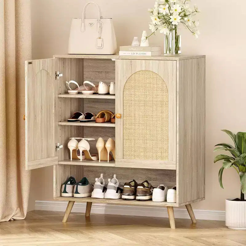 Meuble à chaussures 4 niveaux en rotin avec étagère réglable pour l'entrée, meuble à chaussures autoportant pour le salon, la salle à manger