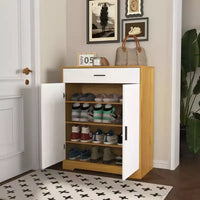 JVNOXK Meuble à chaussures à quatre niveaux, étagère à chaussures autoportante en bois, avec deux portes d'armoire blanches et des étagères réglables, idéal pour les entrées