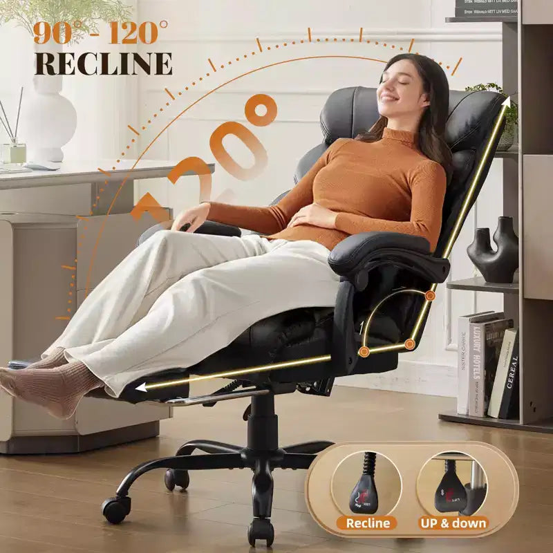 Chaise de bureau, chaise de direction grande taille 500 lb avec repose-pieds, chaise gaming en cuir inclinable 90-155