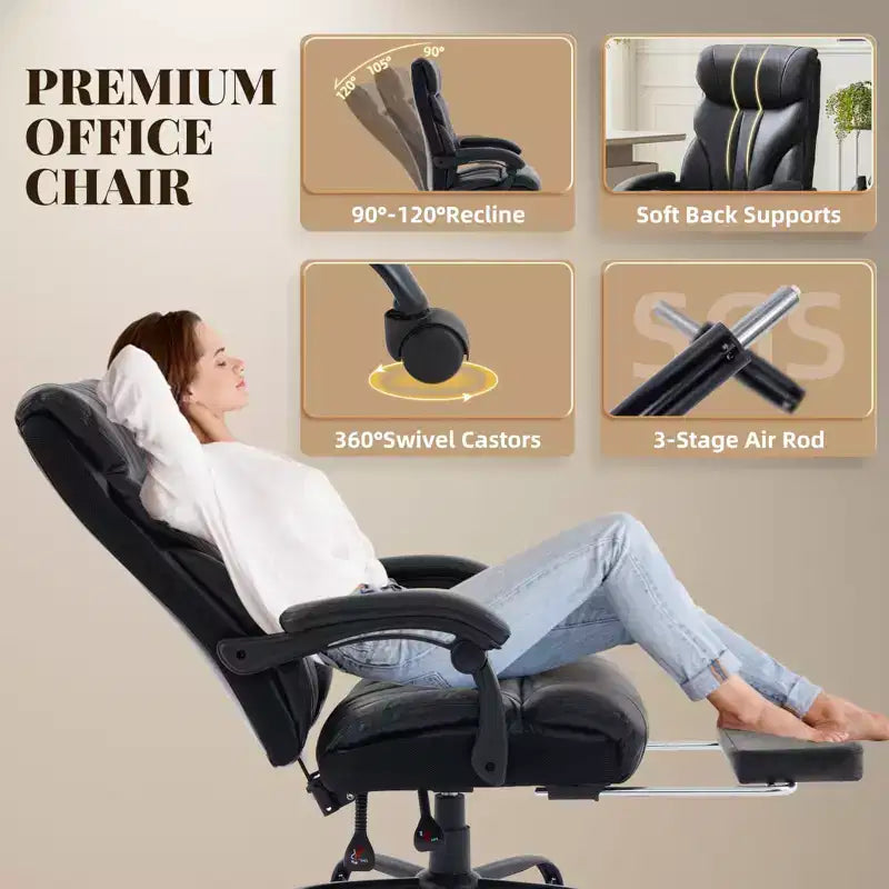 Chaise de bureau, chaise de direction grande taille 500 lb avec repose-pieds, chaise gaming en cuir inclinable 90-155