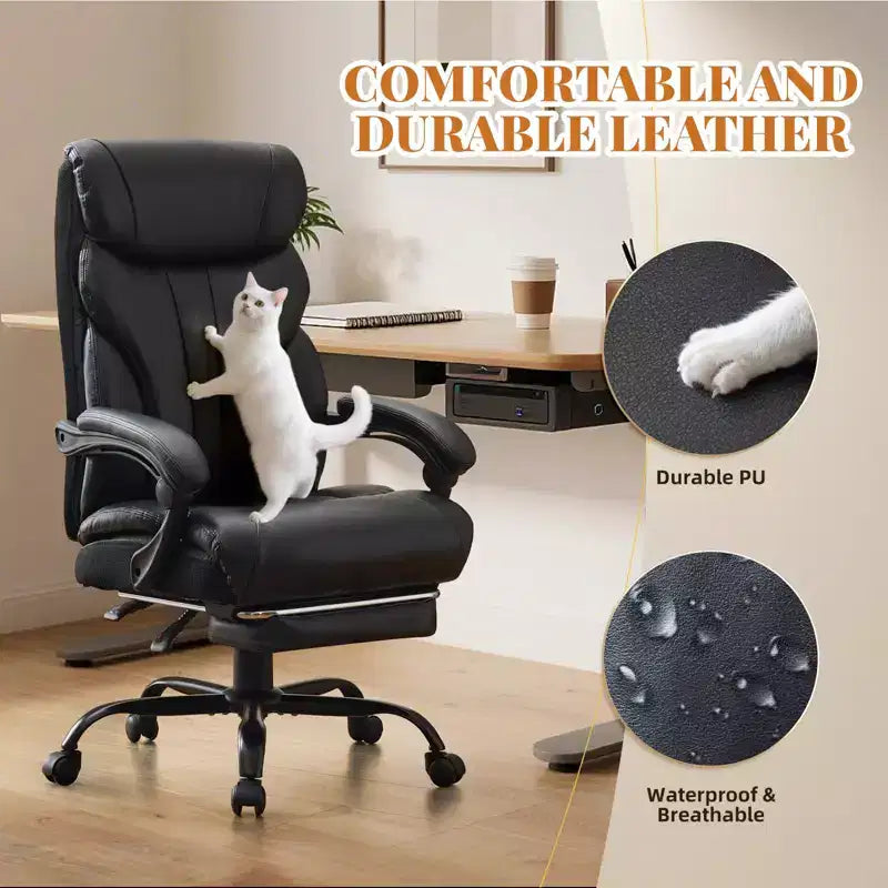 Chaise de bureau, chaise de direction grande taille 500 lb avec repose-pieds, chaise gaming en cuir inclinable 90-155