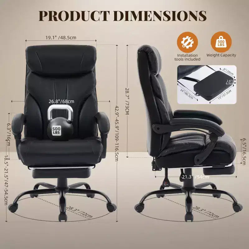 Chaise de bureau, chaise de direction grande taille 500 lb avec repose-pieds, chaise gaming en cuir inclinable 90-155