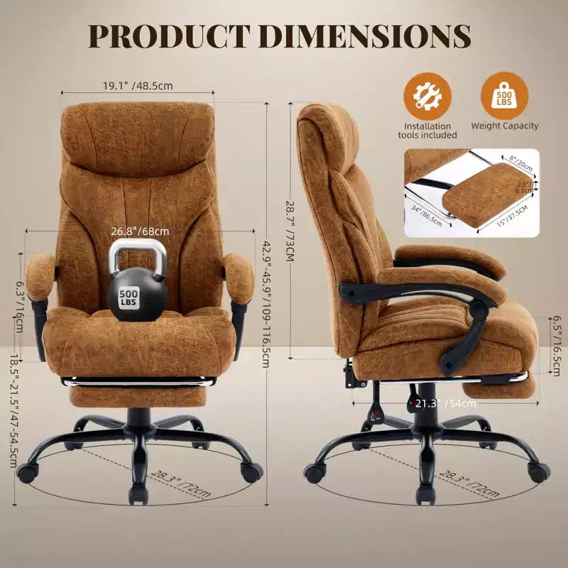 Chaise de bureau, chaise de direction grande taille 500 lb avec repose-pieds, chaise gaming en cuir inclinable 90-155