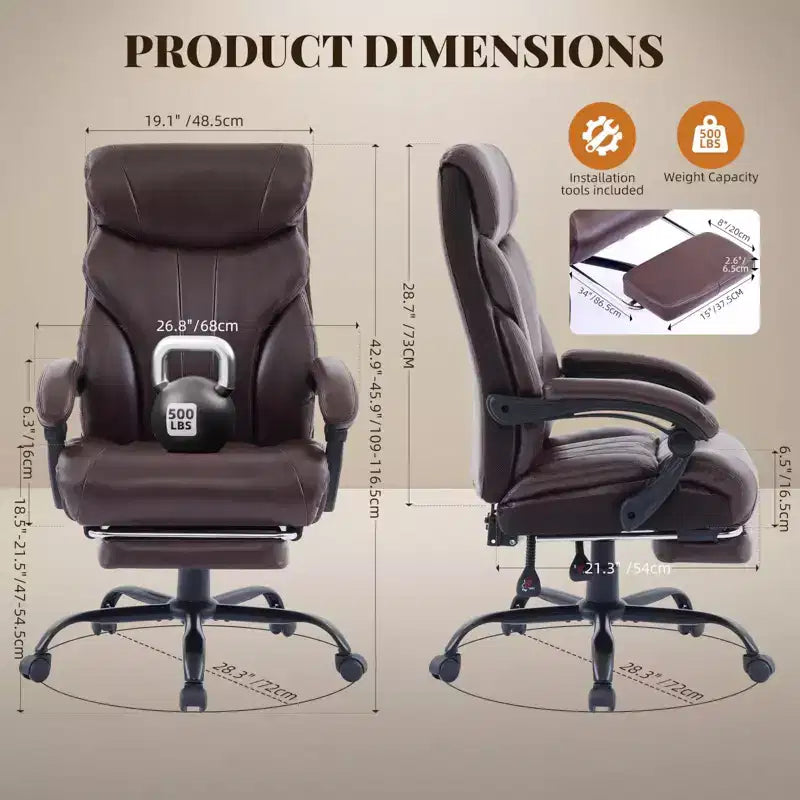 Chaise de bureau, chaise de direction grande taille 500 lb avec repose-pieds, chaise gaming en cuir inclinable 90-155