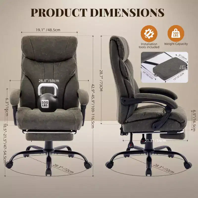Chaise de bureau, chaise de direction grande taille 500 lb avec repose-pieds, chaise gaming en cuir inclinable 90-155