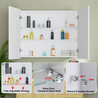 Armoire à pharmacie Elise avec miroir, armoire de salle de bain à montage en surface ou encastré, étagères réglables en verre trempé, réversible