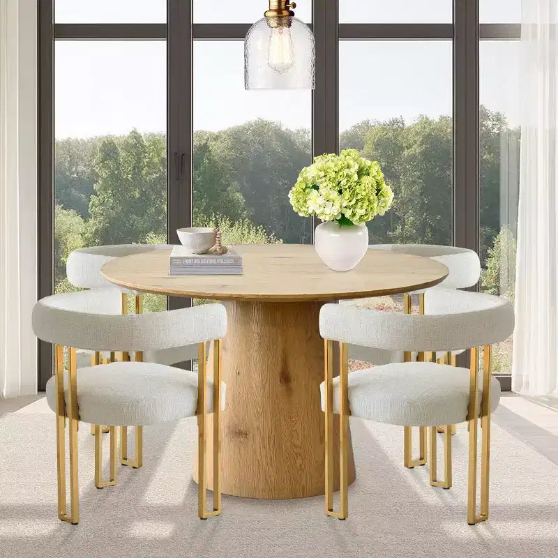 Ensemble table à manger ronde extensible en ovale avec 4 fauteuils en velours, design moderne à piédestal, jusqu'à 8 personnes - Panipeachy