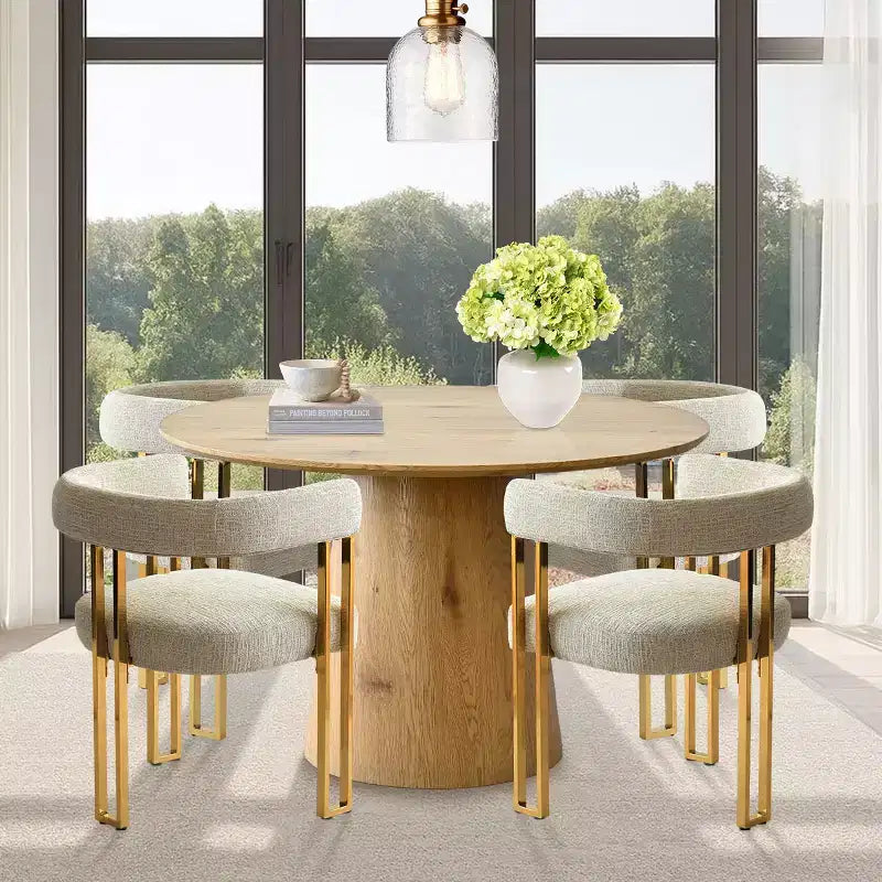 Ensemble table à manger ronde extensible en ovale avec 4 fauteuils en velours, design moderne à piédestal, jusqu'à 8 personnes - Panipeachy