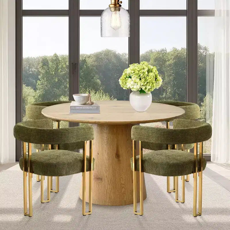 Ensemble table à manger ronde extensible en ovale avec 4 fauteuils en velours, design moderne à piédestal, jusqu'à 8 personnes - Panipeachy