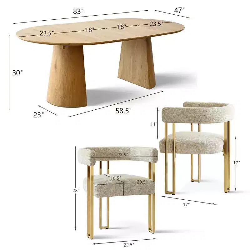Ensemble table à manger ronde extensible en ovale avec 4 fauteuils en velours, design moderne à piédestal, jusqu'à 8 personnes - Panipeachy