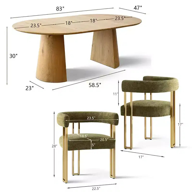 Ensemble table à manger ronde extensible en ovale avec 4 fauteuils en velours, design moderne à piédestal, jusqu'à 8 personnes - Panipeachy