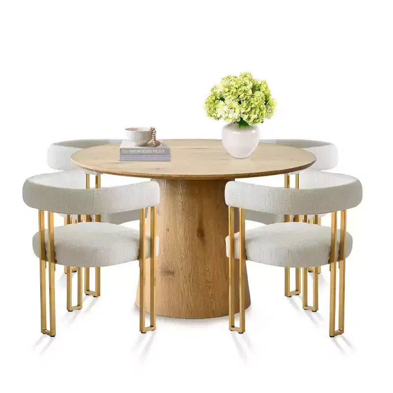 Ensemble table à manger ronde extensible en ovale avec 4 fauteuils en velours, design moderne à piédestal, jusqu'à 8 personnes - Panipeachy