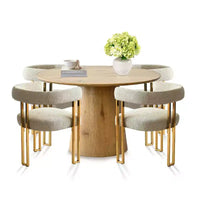 Ensemble table à manger ronde extensible en ovale avec 4 fauteuils en velours, design moderne à piédestal, jusqu'à 8 personnes - Panipeachy