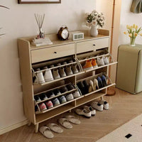 Meuble à chaussures, organisateur d'entrée étroit style farmhouse avec 4 tiroirs rabattables et 2 tiroirs standards, portes en rotin