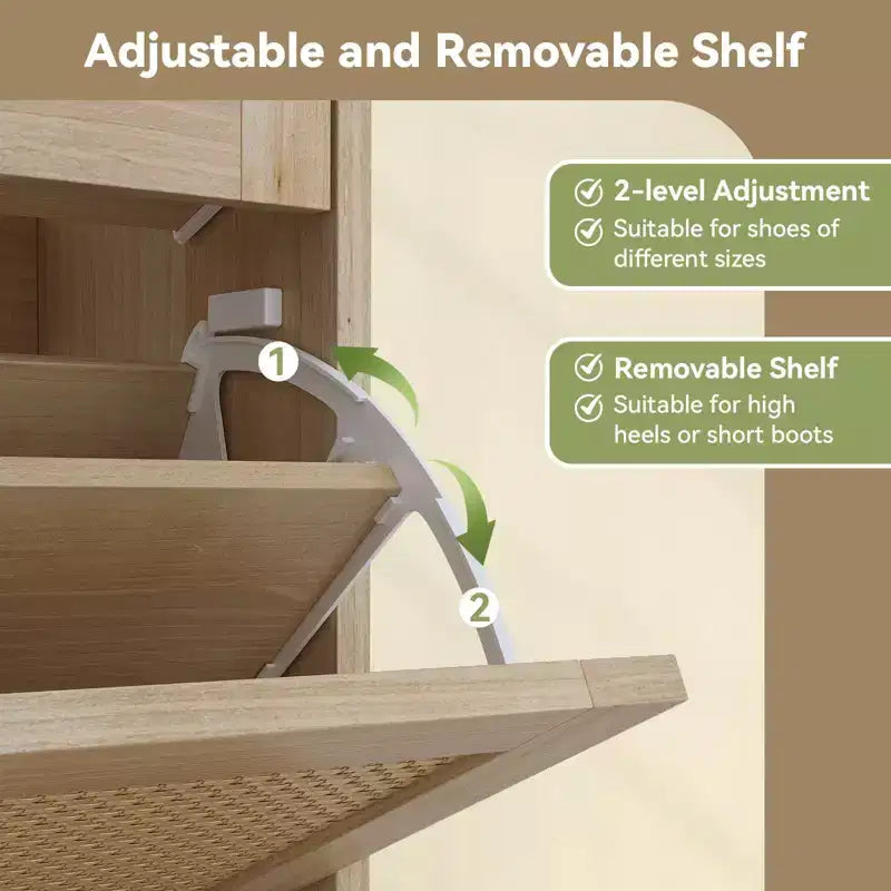 Meuble à chaussures, organisateur d'entrée étroit style farmhouse avec 4 tiroirs rabattables et 2 tiroirs standards, portes en rotin