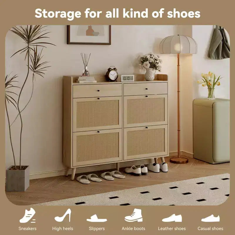 Meuble à chaussures, organisateur d'entrée étroit style farmhouse avec 4 tiroirs rabattables et 2 tiroirs standards, portes en rotin