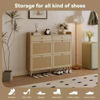 Meuble à chaussures, organisateur d'entrée étroit style farmhouse avec 4 tiroirs rabattables et 2 tiroirs standards, portes en rotin