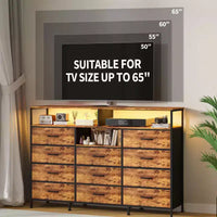 COZONY Meuble TV 55 avec commode en tissu 11 tiroirs et étagères ouvertes, organisateur de rangement pour chambre et salon