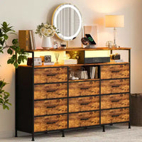 COZONY Meuble TV 55 avec commode en tissu 11 tiroirs et étagères ouvertes, organisateur de rangement pour chambre et salon