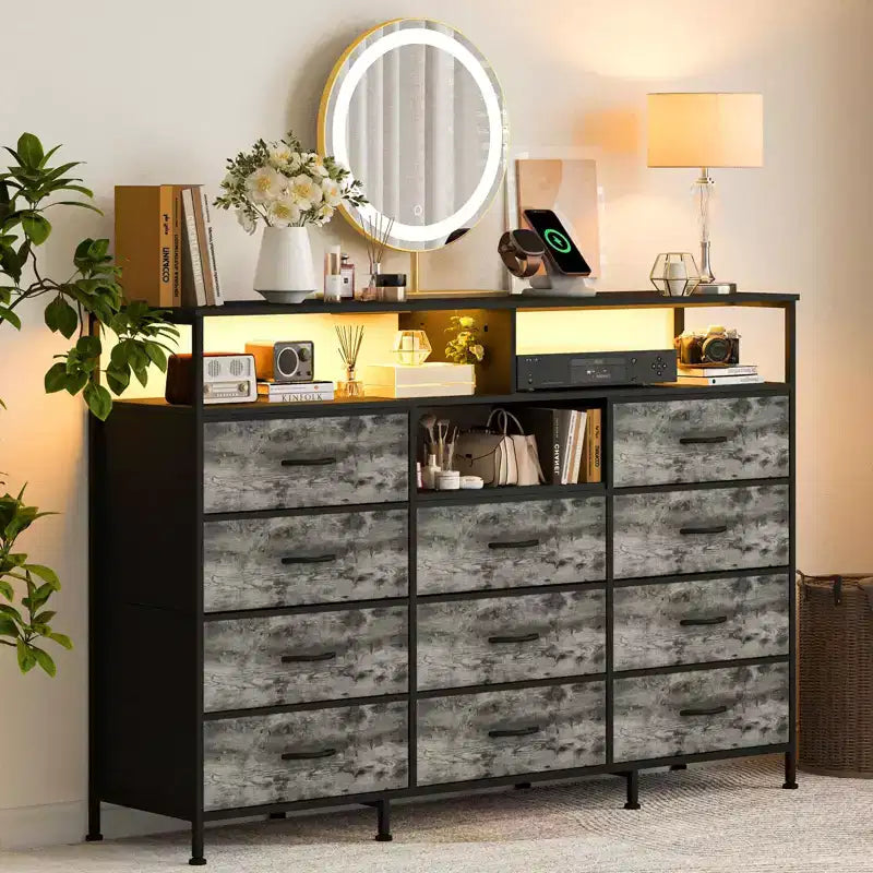 COZONY Meuble TV 55 avec commode en tissu 11 tiroirs et étagères ouvertes, organisateur de rangement pour chambre et salon
