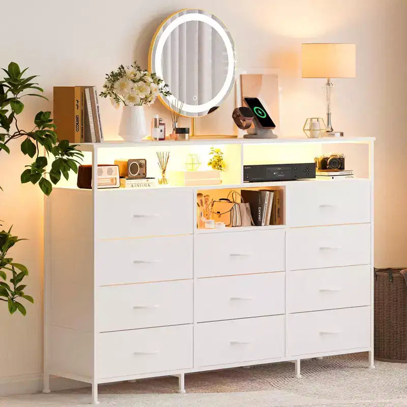 COZONY Meuble TV 55 avec commode en tissu 11 tiroirs et étagères ouvertes, organisateur de rangement pour chambre et salon