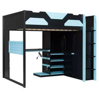 Lit mezzanine en bois pleine taille Luxystar avec bureau réglable, armoire, étagères et panneau perforé