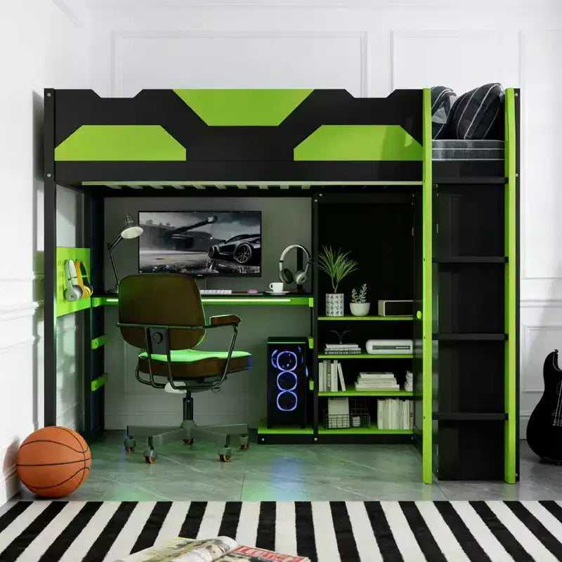 Lit mezzanine en bois pleine taille Luxystar avec bureau réglable, armoire, étagères et panneau perforé