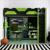 Lit mezzanine en bois pleine taille Luxystar avec bureau réglable, armoire, étagères et panneau perforé