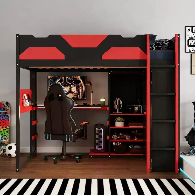 Lit mezzanine en bois pleine taille Luxystar avec bureau réglable, armoire, étagères et panneau perforé