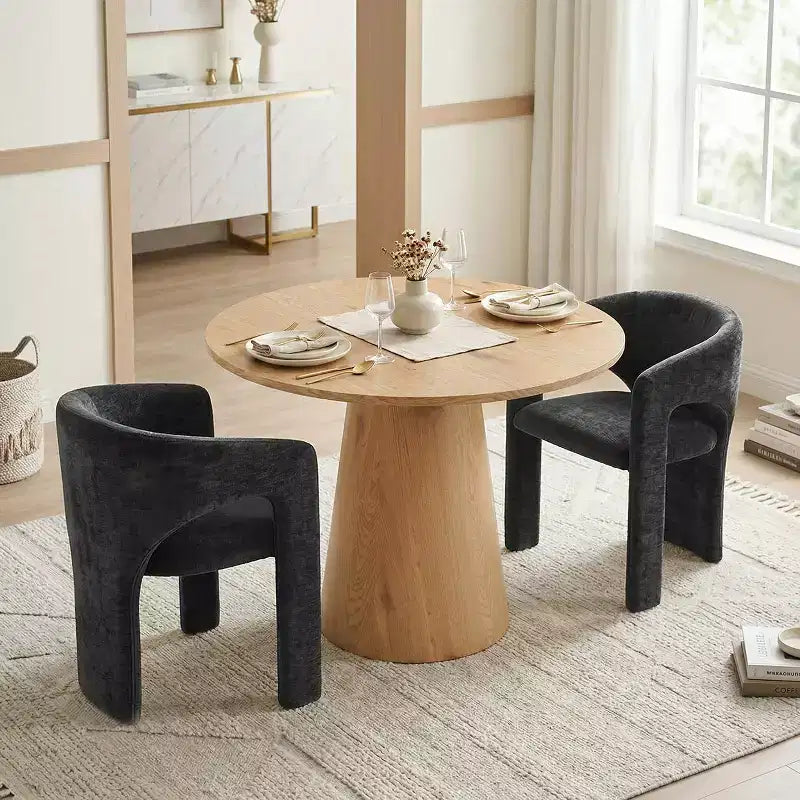 Ensemble table à manger ronde avec 2 fauteuils en chenille, table moderne à piédestal et chaises rembourrées à dossier complet et accoudoirs - Panipeachy