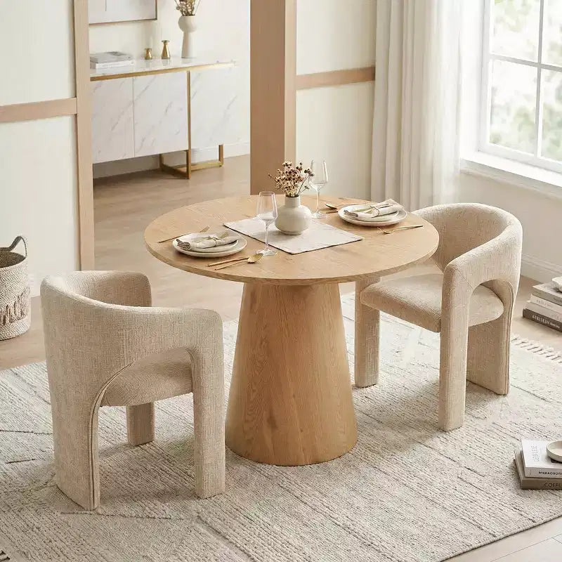Ensemble table à manger ronde avec 2 fauteuils en chenille, table moderne à piédestal et chaises rembourrées à dossier complet et accoudoirs - Panipeachy