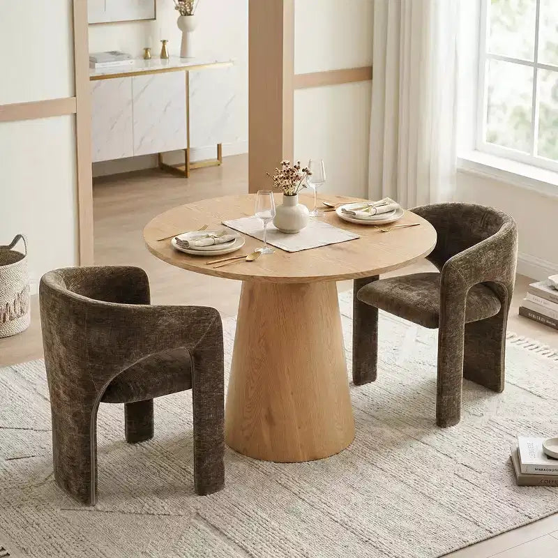 Ensemble table à manger ronde avec 2 fauteuils en chenille, table moderne à piédestal et chaises rembourrées à dossier complet et accoudoirs - Panipeachy
