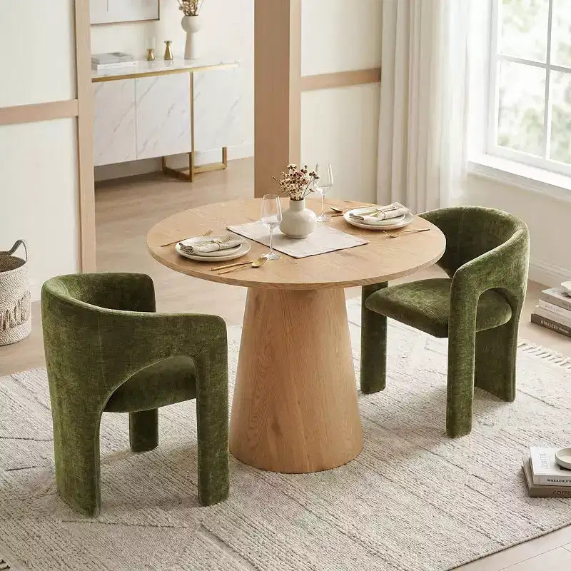 Ensemble table à manger ronde avec 2 fauteuils en chenille, table moderne à piédestal et chaises rembourrées à dossier complet et accoudoirs - Panipeachy